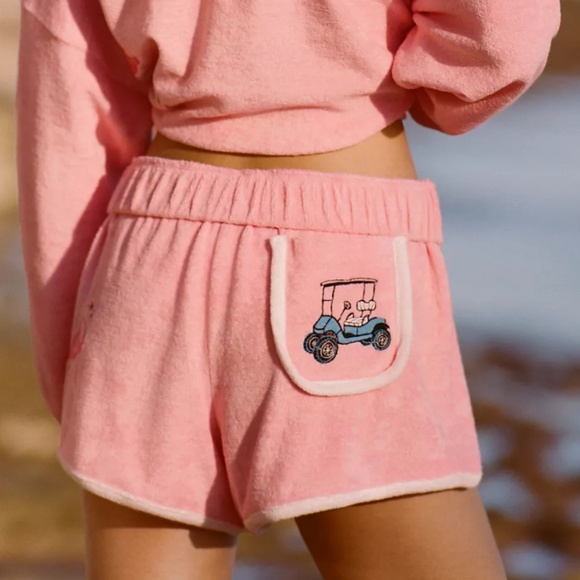 NWT Celandine Anthropologie Pink Terry Embroidered Beach Pool Shorts Small S